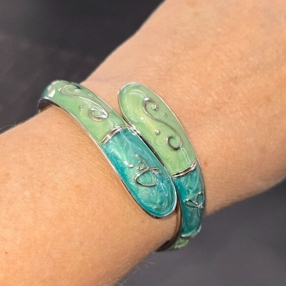 Adjustable FUMI Metal & Enamel Green Teal Cuff Bracelet Purse Hook HS215 - Picture 5 of 6
